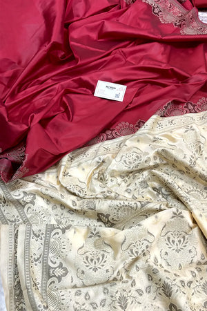 Maroon and Beige Plain Resham Silk Banarasi Saree