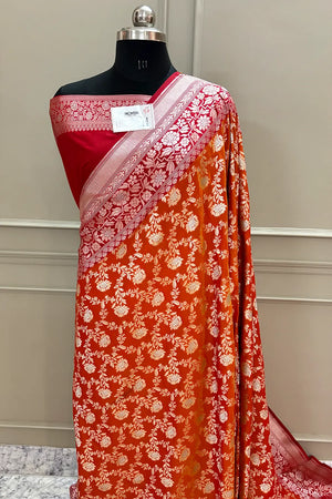 Orange and Red Maharani Jaal Crepe Silk Banarasi Saree