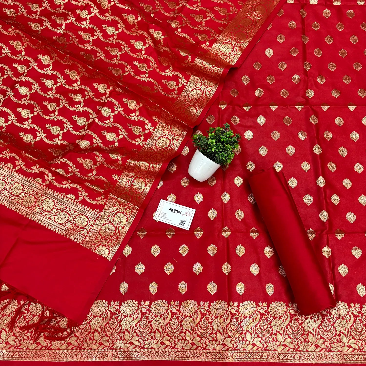 Red Kiyari Buti Satin Silk Banarasi Suit