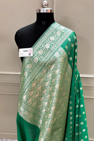 Sea Green Golden Zari Crepe Silk Banarasi Saree