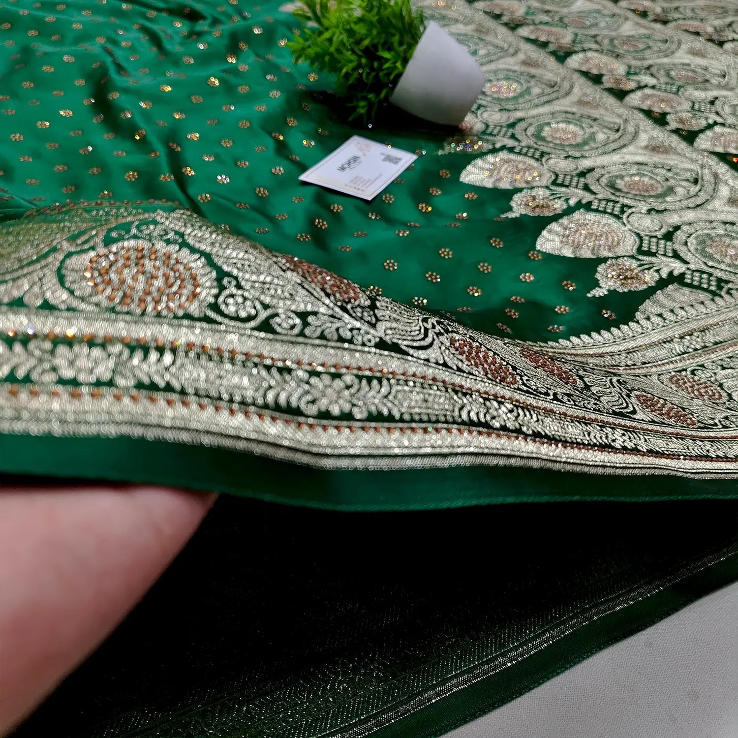 Forest Green Royal Plain Stone Katan Banarasi Saree