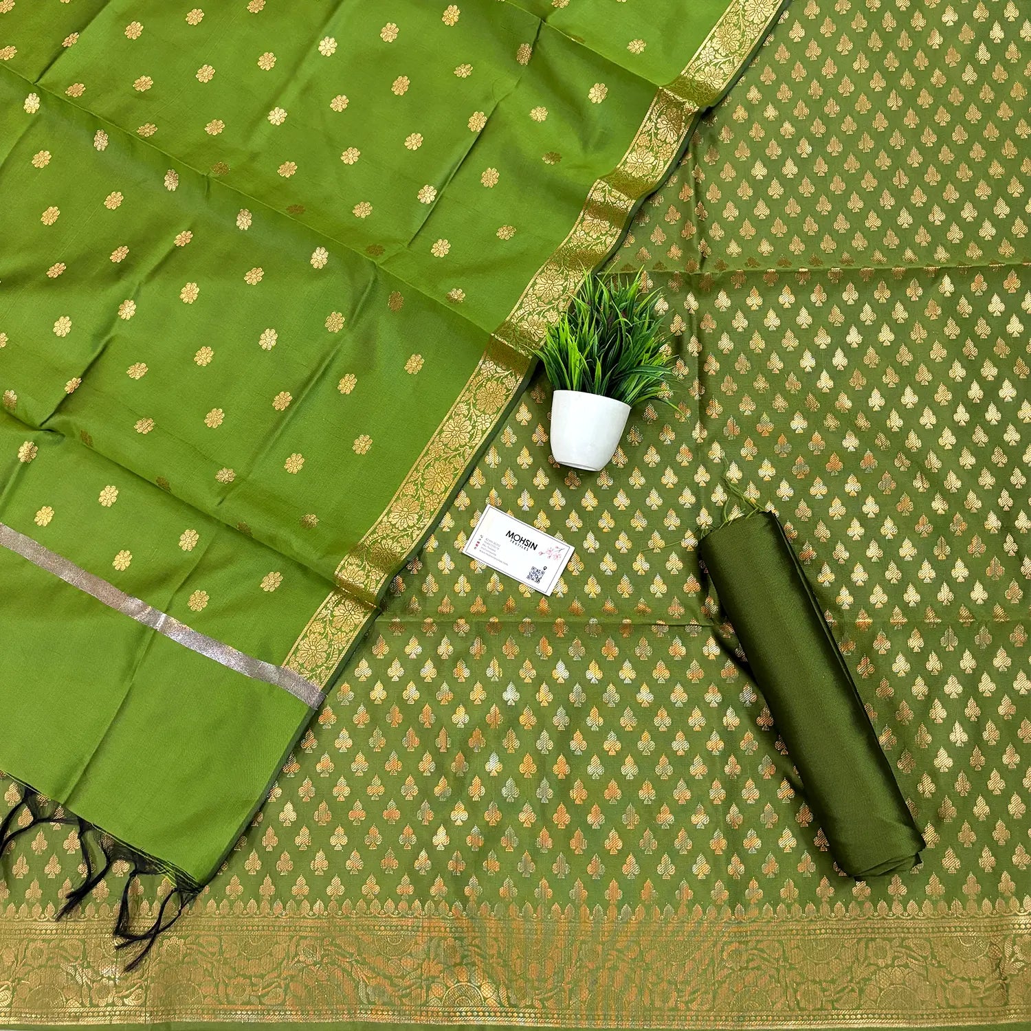 Mehendi Chidiya Buti Satin Silk Banarasi Suit