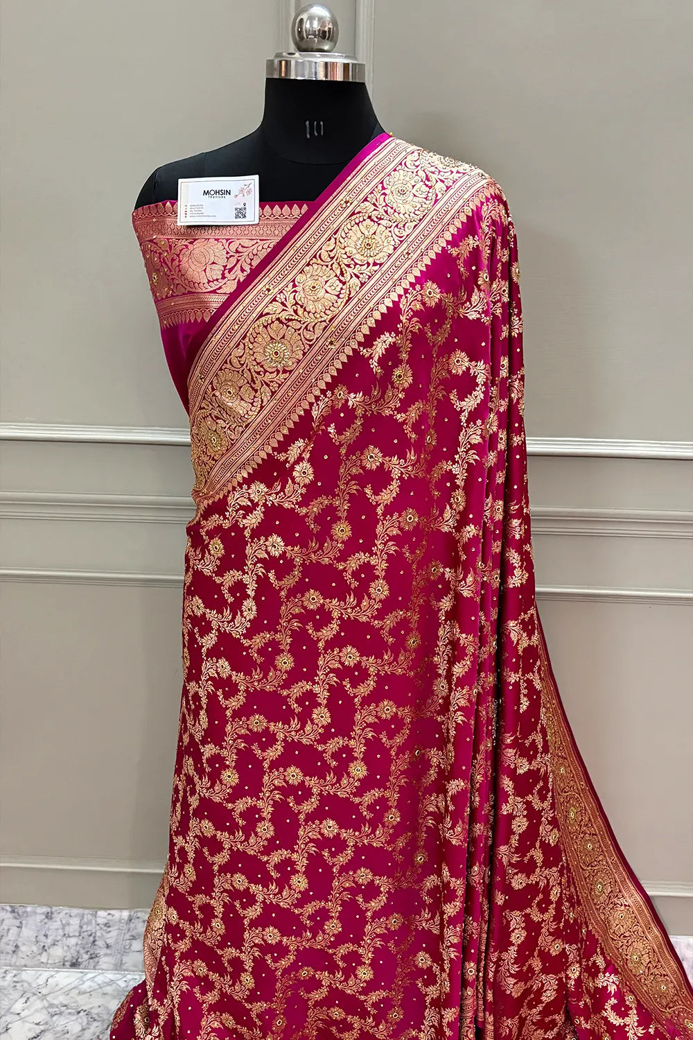 Rani Pink Moglai Jaal Stone Work Katan Silk Banarasi Saree