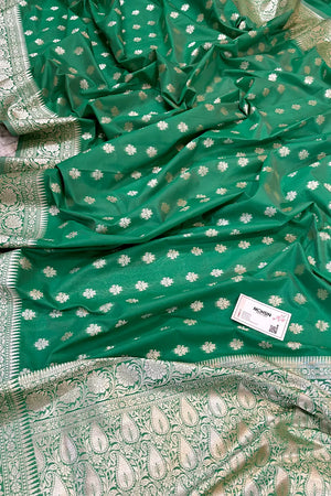Sea Green Golden Zari Crepe Silk Banarasi Saree