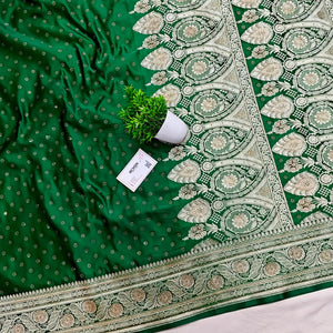 Forest Green Royal Plain Stone Katan Banarasi Saree