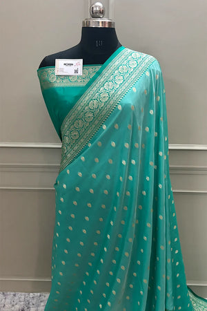 Light Sea Green and Sea Green Rudraksha Buti Katan Silk Banarasi Saree