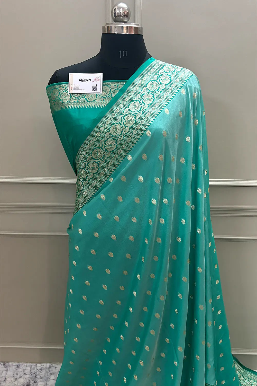 Light Sea Green and Sea Green Rudraksha Buti Katan Silk Banarasi Saree