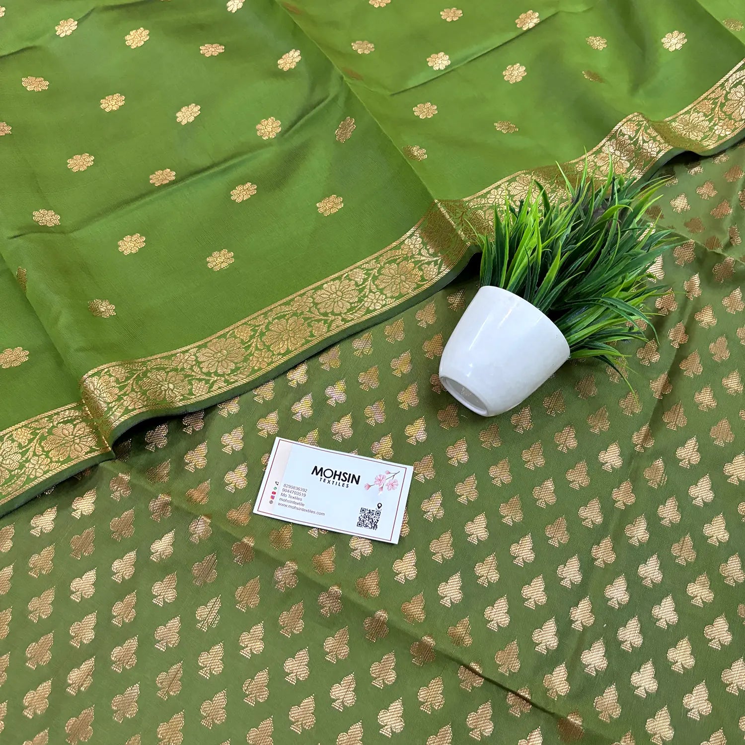 Mehendi Chidiya Buti Satin Silk Banarasi Suit