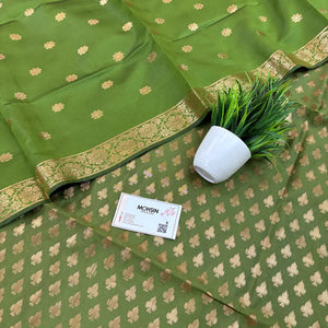 Mehendi Chidiya Buti Satin Silk Banarasi Suit