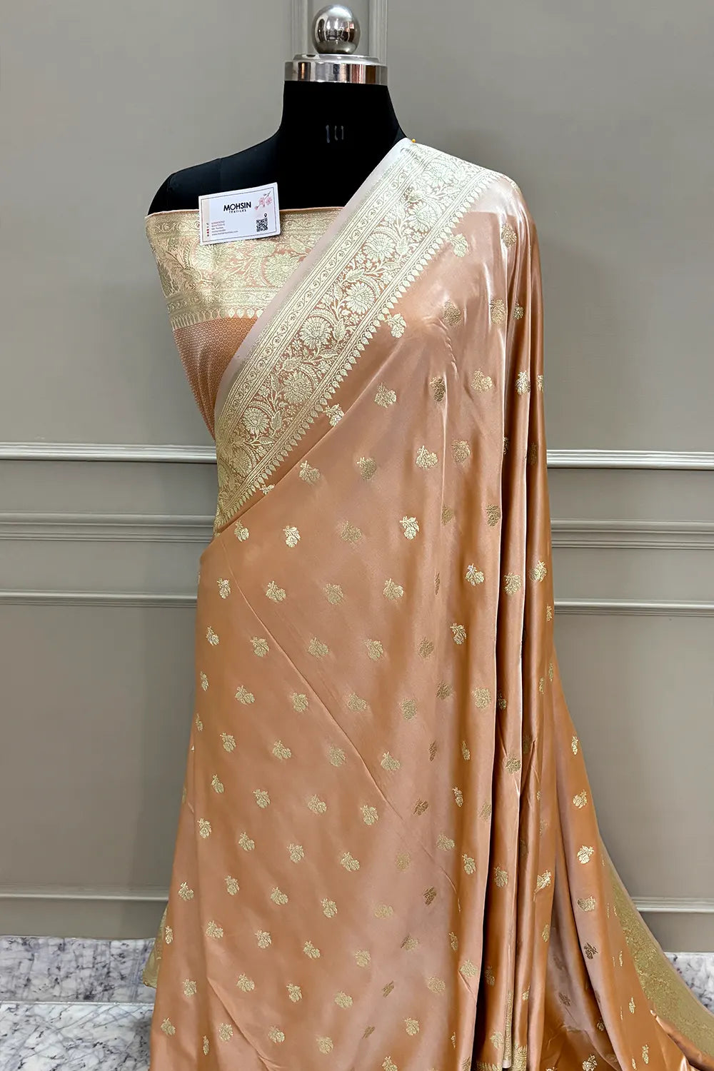 Peach Chaman Buti Katan Silk Banarasi Saree