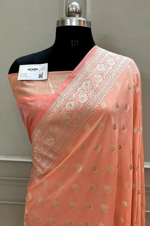 Peach Ghonga Buti Katan Silk Banarasi Saree