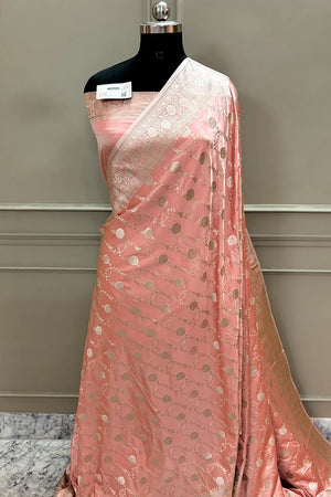Peachy Pink Ropeway Jaal Katan Silk Banarasi Saree