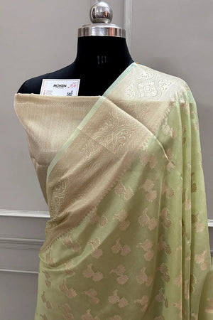 Pista Daab Buti Chanderi Silk Banarasi Saree