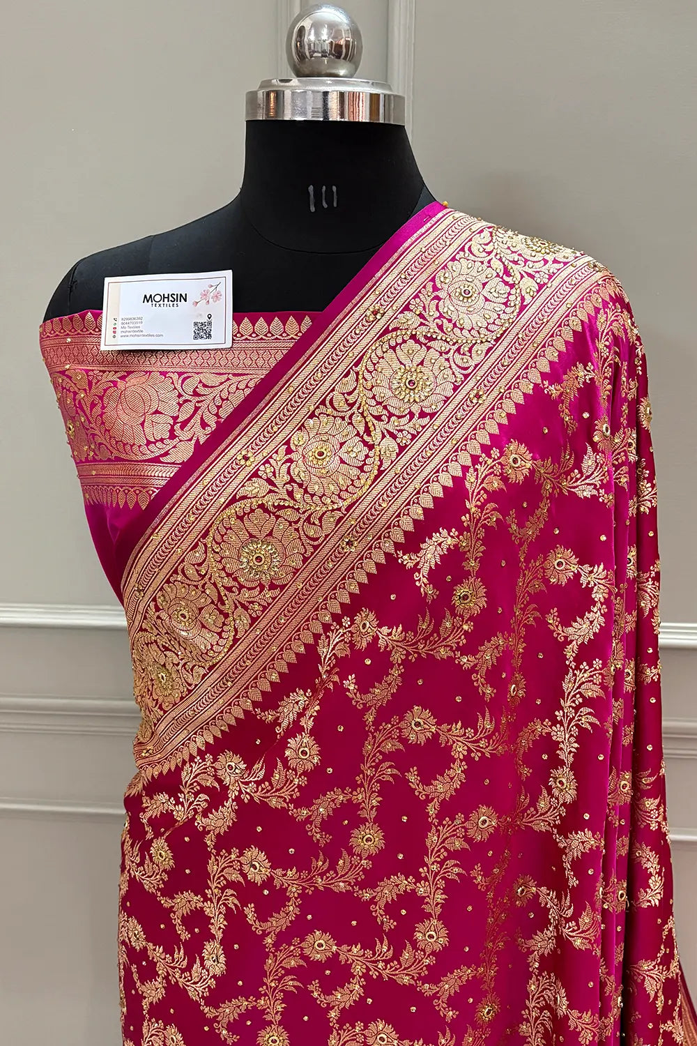 Rani Pink Moglai Jaal Stone Work Katan Silk Banarasi Saree