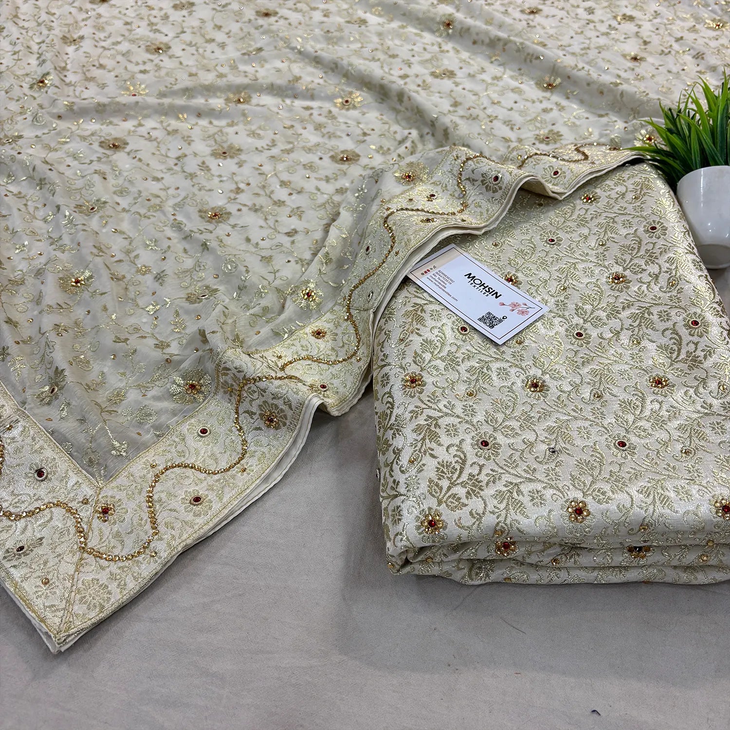 White Stone Work Kimkhab Silk Banarasi Gharara