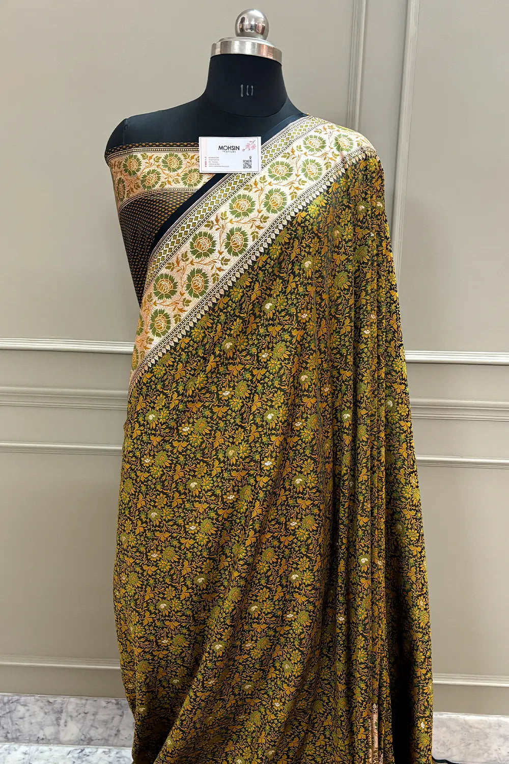 Black and Mehendi Jungli Jaal Katan Silk Banarasi Saree