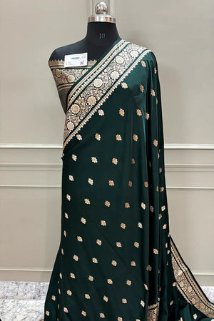 Bottle Green Podina Buti Katan Silk Banarasi Saree