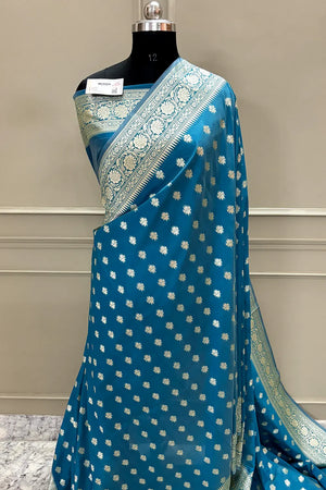 Firozi Golden Zari Crepe Silk Banarasi Saree