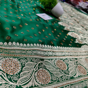 Forest Green Royal Plain Stone Katan Banarasi Saree