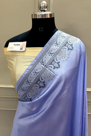 Lavender and Beige Plain Resham Silk Banarasi Saree