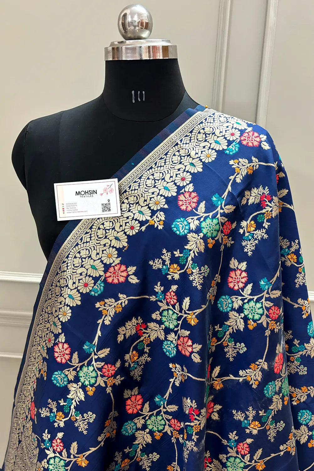 Navy Blue Golden Zari Katan Silk Banarasi Dupatta