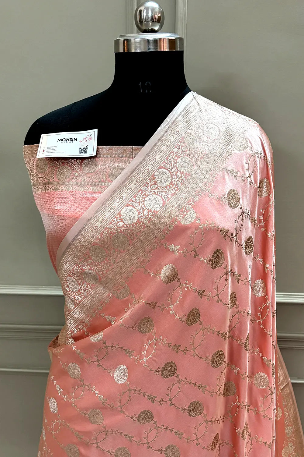 Peachy Pink Ropeway Jaal Katan Silk Banarasi Saree