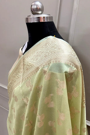 Pista Daab Buti Chanderi Silk Banarasi Saree