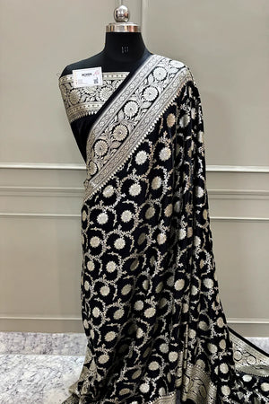 Black Murmuri Jaal Katan Silk Banarasi Saree