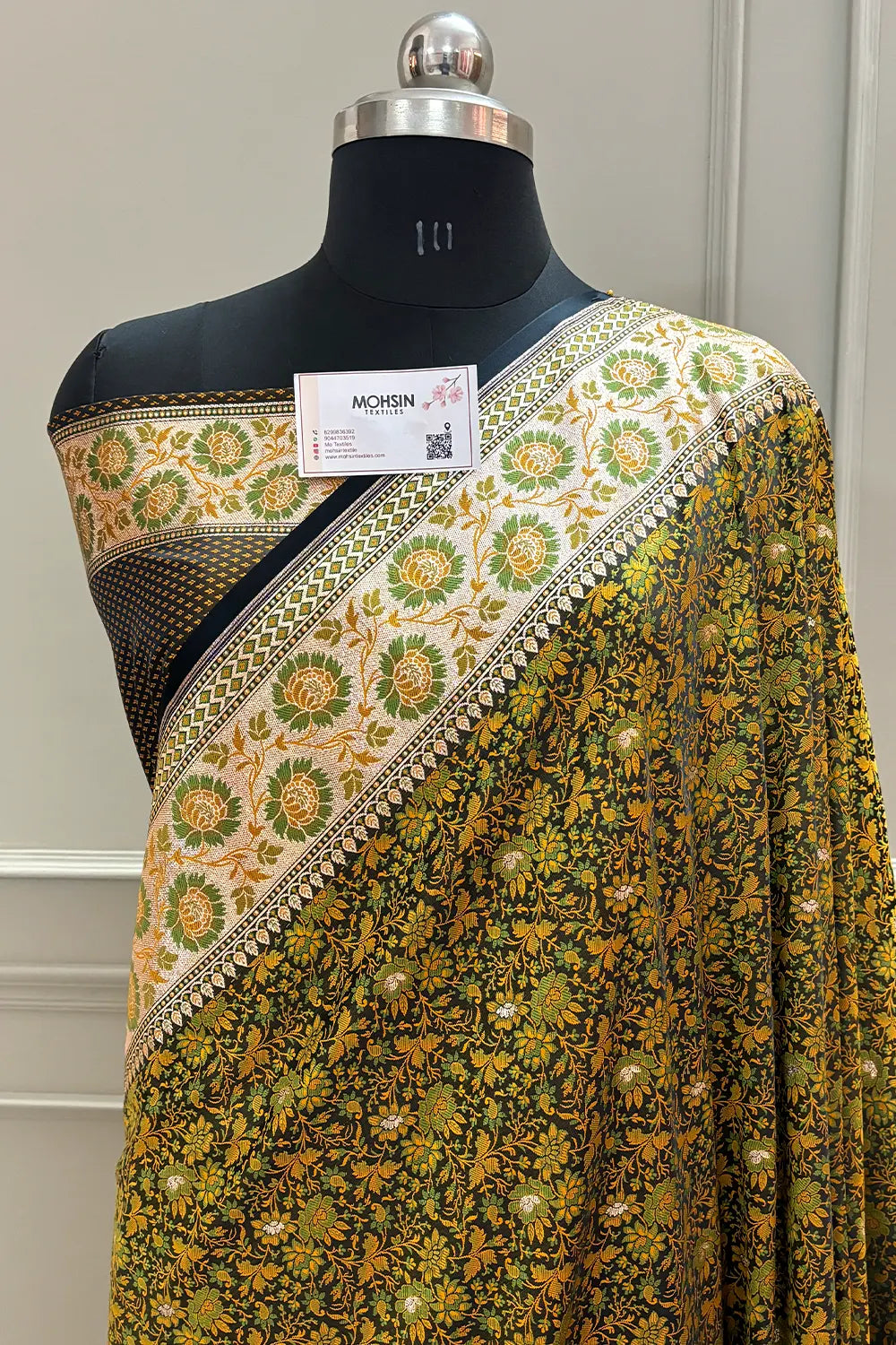 Black and Mehendi Jungli Jaal Katan Silk Banarasi Saree