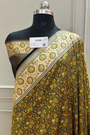 Black and Mehendi Jungli Jaal Katan Silk Banarasi Saree