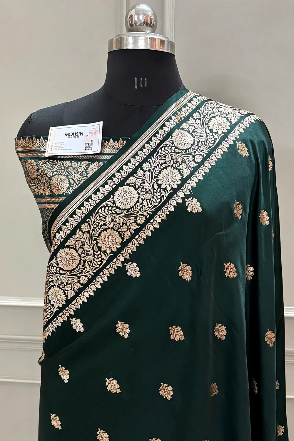 Bottle Green Podina Buti Katan Silk Banarasi Saree