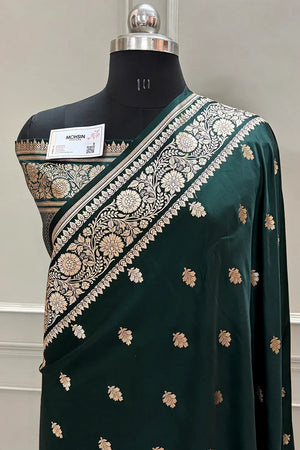 Bottle Green Podina Buti Katan Silk Banarasi Saree