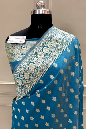 Firozi Golden Zari Crepe Silk Banarasi Saree