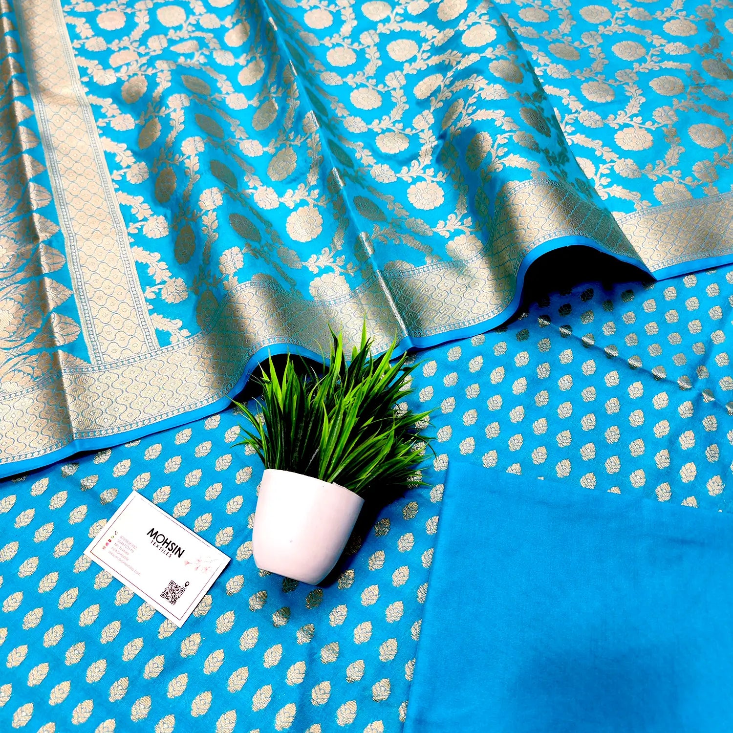 Firozi Kalli Buti Katan Silk Banarasi Suit