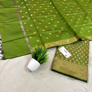 Mehendi Chidiya Buti Satin Silk Banarasi Suit