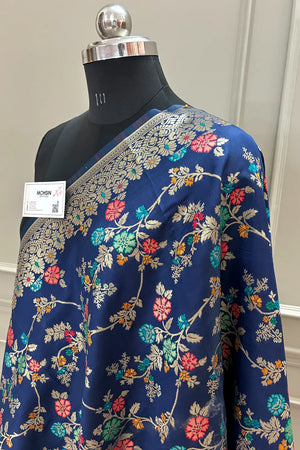 Navy Blue Golden Zari Katan Silk Banarasi Dupatta