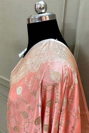 Peachy Pink Ropeway Jaal Katan Silk Banarasi Saree