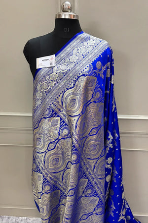 Royal Blue Tirchi Daal Katan Silk Banarasi Saree