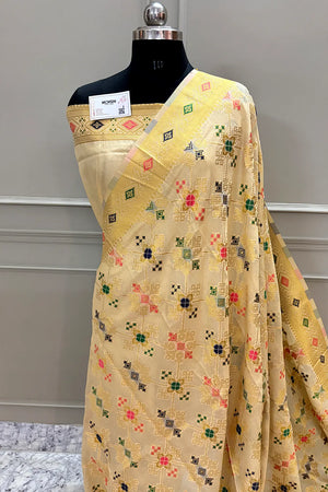 Beige Golden Zari Dola Silk Banarasi Saree