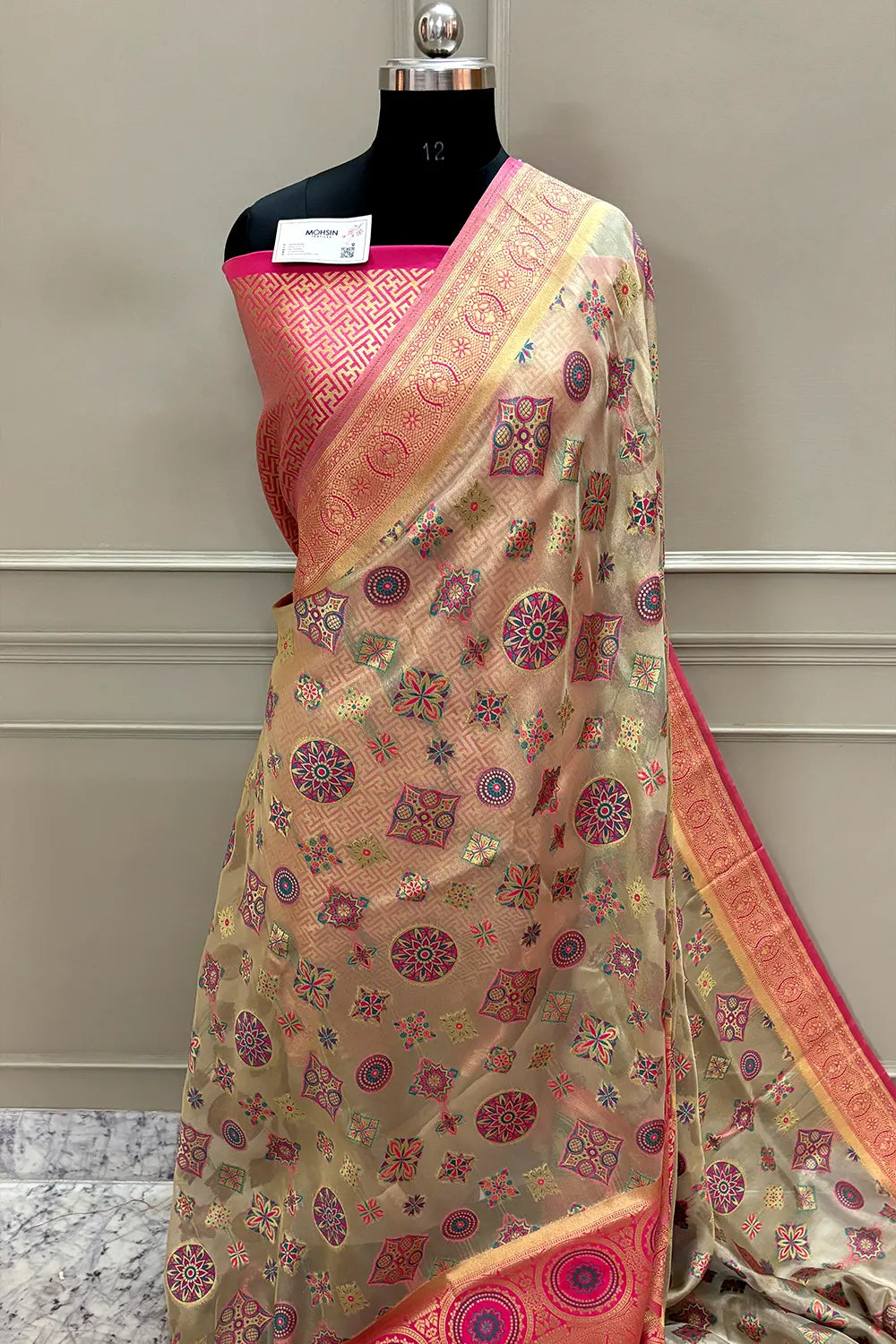 Beige and Pink Golden Zari Tissue Silk Banarasi Saree