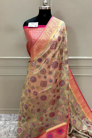 Beige and Pink Golden Zari Tissue Silk Banarasi Saree