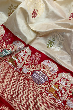 Beige and Red Handloom Pure Katan Silk Banarasi Saree