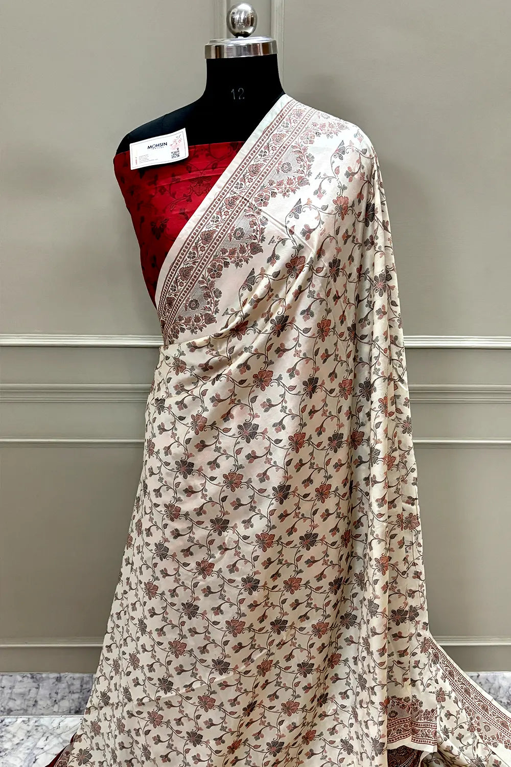 Beige and Red Resham Silk Banarasi Saree