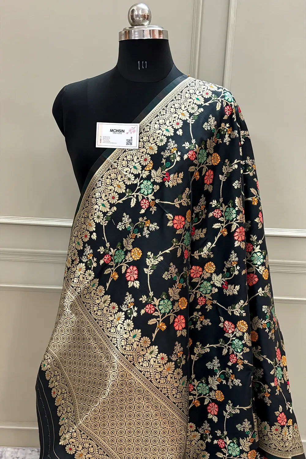 Black Golden Zari Katan Silk Banarasi Dupatta