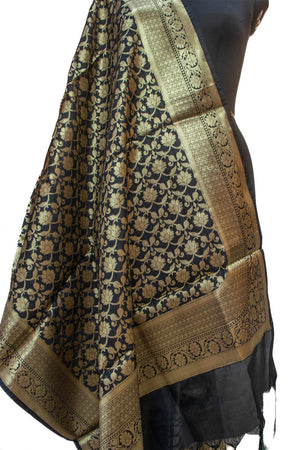 Black Handloom Pure Katan Silk Banarasi Dupatta