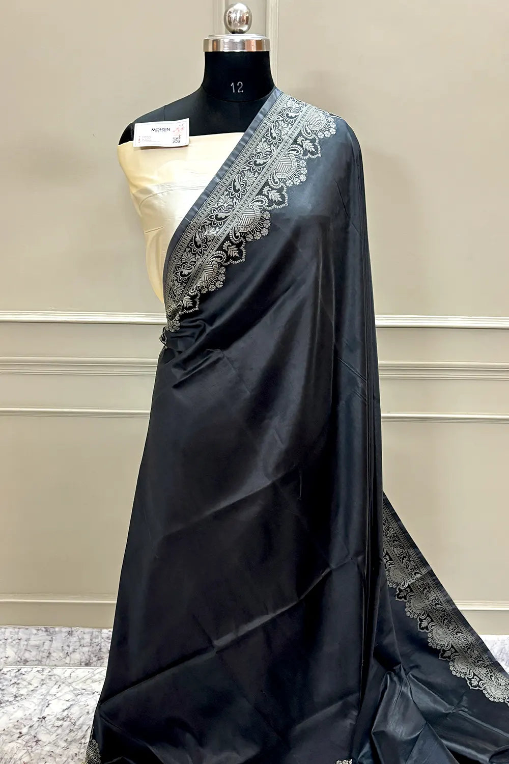 Black and Beige Plain Resham Silk Banarasi Saree