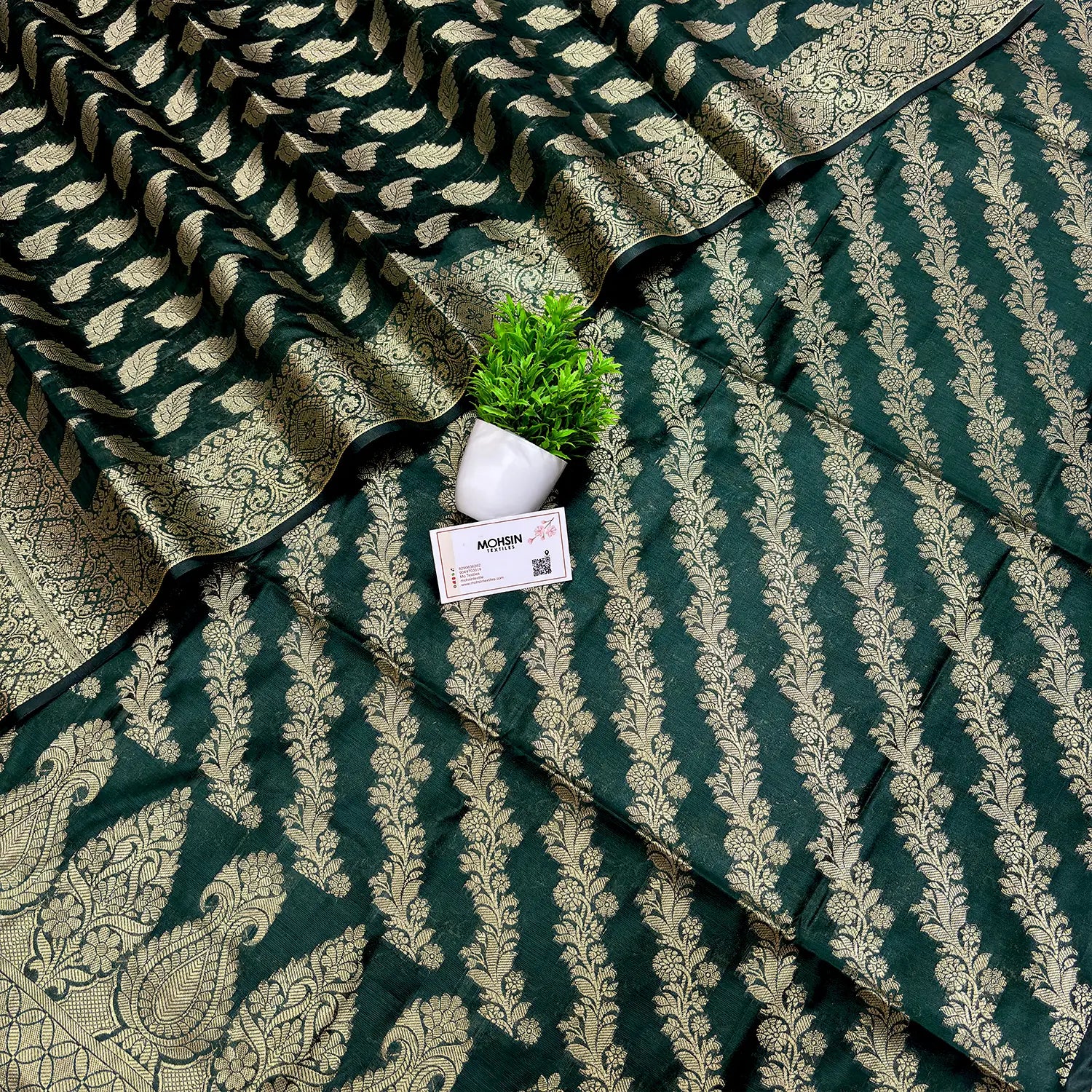 Bottle Green Golden Zari Banarasi Silk Suit