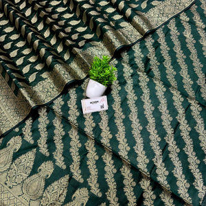 Bottle Green Golden Zari Banarasi Silk Suit