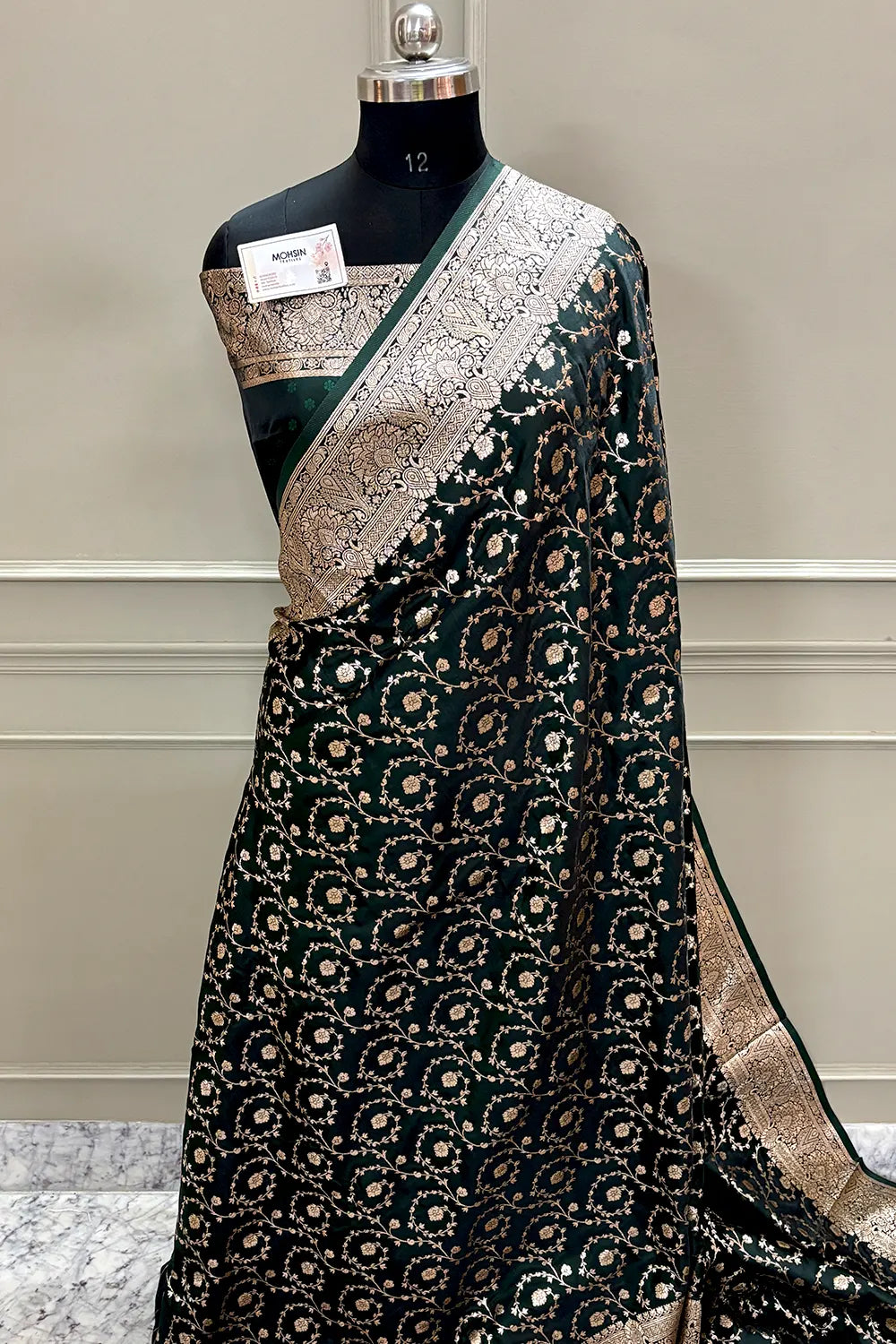 Bottle Green Golden Zari Katan Silk Banarasi Saree