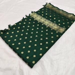Bottle Green Handloom Pure Katan Silk Banarasi Dupatta